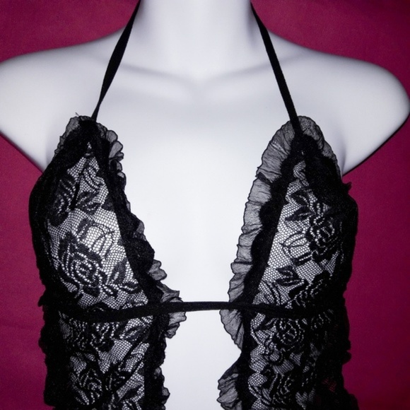 Black Ruffle Rose Lace Bodysuit XS - Picture 4 of 6